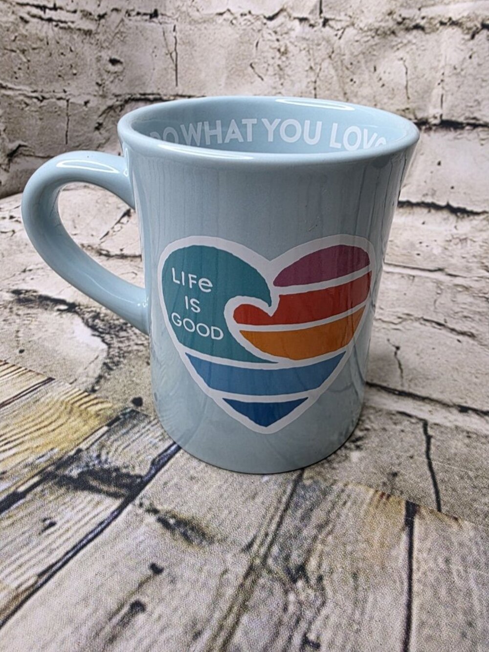 Life Is Good Blue Coffee Mug Logo Heart Mountain Rainbow Do What You Love 4.25